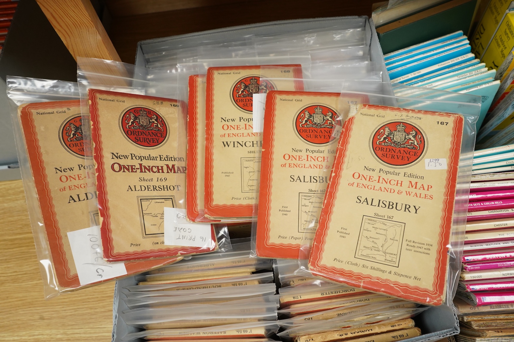 A collection of Ordnance Survey maps, including; Landranger series, Outdoor Leisure series, Old Ordnance Survey series, Geological Survey series, Explore series, New Popular series Sixth Edition, Fifth Edition One Inch,